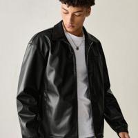 Manfinity Men's PU Leather Casual Jacket - Urban Black Drop Shoulder Black / XL
