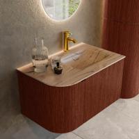 Badmeubel Mondiaz Kurve-Dlux | 75 cm | Meubelkleur Ruby | Wastafelkleur Arena | Solid surface | Wasbak rechter zijde spoelbak | 1 kraangat