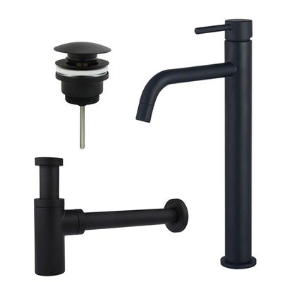 Fortifura Calvi Slim Wastafelkraanset - verhoogde wastafelkraan - klikwaste plug - design sifon - Mat zwart SW377836/SW696199/SW696210