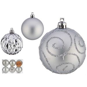 Gedecoreerde kerstballen - 6x stuks - zilver - kunststof - 6 cm