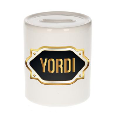 Spaarpot met voornaam Yordi - wit - goud/zwart embleem - 8 x 9 cm - keramiek - afsluitdop Spaarpot met voornaam Yordi - wit - goud/zwart embleem - 8 x 9 cm - keramiek - afsluitdop