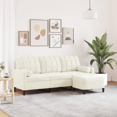 Driezitsbank met voetenbank 180 cm fluweel crèmekleurig