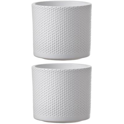 Mica Decorations Bloempot - 2x stuks - wit - relief - keramiek - D14 x H13 cm - plantenpotten binnen