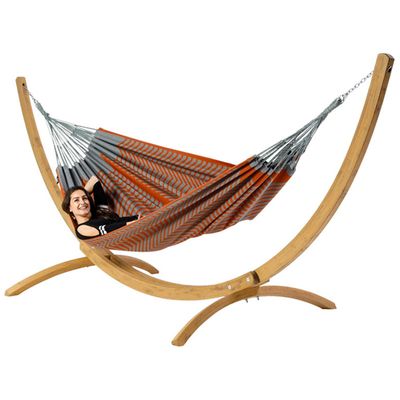Tweepersoons hangmat met houten standaard - 350x160cm -Bruin - 160kg draagkracht- 100% katoen - binnen & buiten