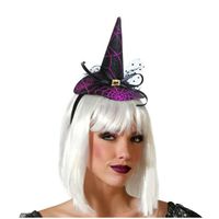 Halloween heksenhoed - mini hoedje op diadeem - one size - zwart/paars - meisjes/dames   -