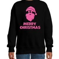 Kersttrui/sweater voor jongens/meisjes - Merry Christmas - zwart - glitter roze