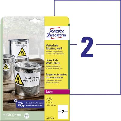 Avery-Zweckform L4717-20 Folie-etiketten 210 x 148 mm Polyester folie Wit 40 stuk(s) Permanent hechtend Laser (kleur), Laser (zwart/wit), Kopiëren (kleur),