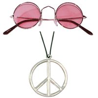 Hippie Flower Power Sixties verkleed set ketting met roze party bril