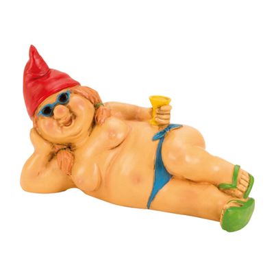 Tuinkabouter vrouw beeld Happy Nudist - Polystone - Naakte liggend rode muts - 23 cm