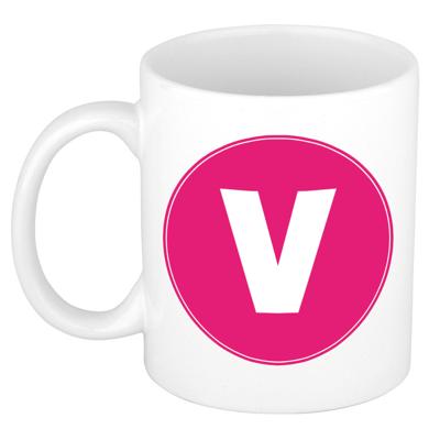 Koffie mok met de letter V - beker - roze - eerste letter van een voornaam - wit - 300 ml