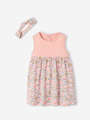Jurk met bijpassende haarband babymeisje roze (poederkleur)