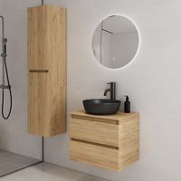 Fontana Proma badkamermeubel 60cm met zwarte waskom en LED spiegel warm eiken - thumbnail