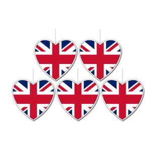 5x stuks engeland vlag hangdecoratie hartjes vorm karton 14 cm