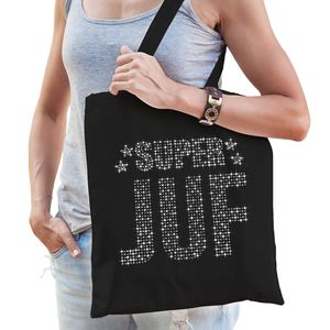 Glitter Super Juf katoenen tas zwart rhinestones steentjes voor dames