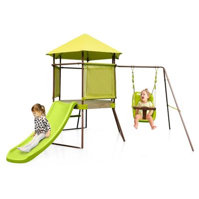 4-In-1 Kinderschommel Metalen Buitenspeelplaats met Overdekt Speelhuisje in Hoogte Verstelbaar Babyzitje Glijbaan & Ladder & Haringen