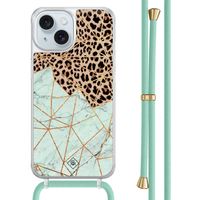 iPhone 15 hoesje met mint koord - Luipaard marmer mint