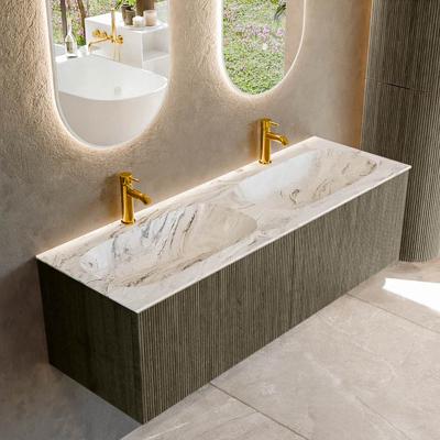 Badmeubel Mondiaz Kurve-Dlux | 140 cm cm | Meubelkleur Shadow | Wastafelkleur Glace | Solid surface | Wasbak beiden zijden spoelbak | 2 kraangaten