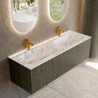 Badmeubel Mondiaz Kurve-Dlux | 140 cm cm | Meubelkleur Shadow | Wastafelkleur Glace | Solid surface | Wasbak beiden zijden spoelbak | 2 kraangaten