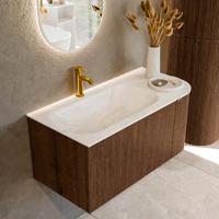 Badmeubel Mondiaz Kurve-Dlux | 95 cm | Meubelkleur Walnut | Wastafelkleur Ostra | Solid surface | Links spoelbak | 1 kraangat