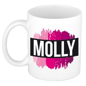 Naam cadeau mok / beker Molly  met roze verfstrepen 300 ml   -