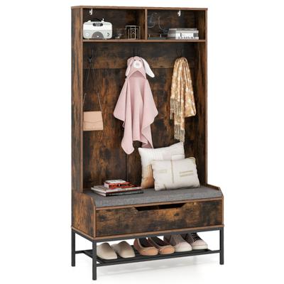 170 cm 4-In-1 Kapstok met Bank en Kussen Open Vakken Haken Schoenenopberger met Klapdeksel Anti-Kantelsets Zwart / Bruin