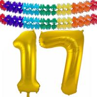 Folie ballonnen - Leeftijd cijfer 17 - goud - 86 cm - en 2x feestslingers - verjaardag versiering