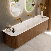Mondiaz KURVE-DLUX 170 cm Onderkast Greeploos 1 Lade Met Deuren Walnut, Wastafel Solid Surface Midden Frappe 0 Kraangaten Zonder Spiegel (KRVBGL170L+R1L2D0KM-Wal/Fra)