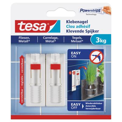 Tesa klevende spijker - 4x - wit - verstelbaar - 3 kg - tegels/metaal