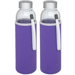 Glazen waterfles/drinkfles - 2x stuks - softshell bescherm hoes paars - 500 ml - Sportfles - Bidon