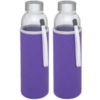 Glazen waterfles/drinkfles - 2x stuks - softshell bescherm hoes paars - 500 ml - Sportfles - Bidon