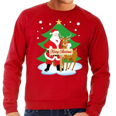 Foute kersttrui - kerstman en rendier Rudolf - rood - voor heren - kerst sweater