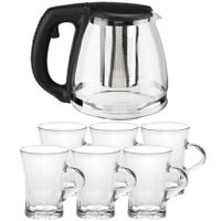 Glazen theepot met filter/infuser van 1,2 liter met 6x stuks theeglazen van 170 ml