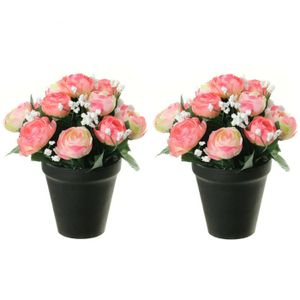 Kunstbloemen plant in pot - 2x - roze/wit tinten - 20 cm - Bloemenstuk ornament