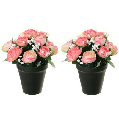 Kunstbloemen plant in pot - 2x - roze/wit tinten - 20 cm - Bloemenstuk ornament