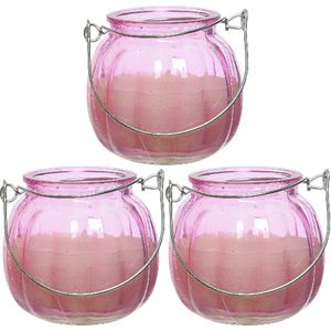 3x citronella kaarsen in glas - 15 branduren - D8 x H8 cm - roze - geurkaarsen
