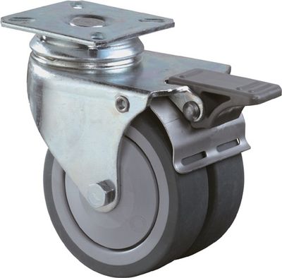 BS Rollen Dubbel zwenkwiel met totaalrem | 50 mm 60 kg | met vastzetter rubber | grijs 60 x 60 mm | 1 stuk - B120.A85.050 B120.A85.050