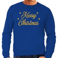 Foute Kersttrui - sweater - Merry Christmas - goud / glitter - blauw - heren - kerstkleding