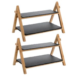 Set van 2x stuks dubbele Leisteen/bamboe serveerplank voor voedsel en hapjes 40 x 25 x 27 cm