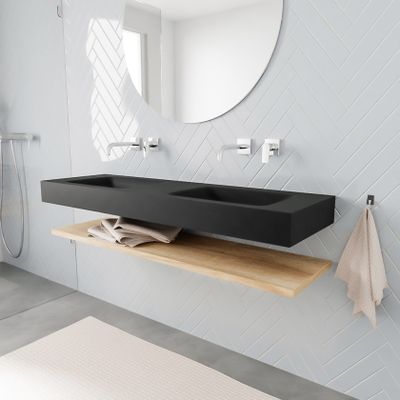 Mondiaz Alan badmeubel 150 cm planchet washed oak vrijhangend wastafel dubbel zonder kraangat zwart