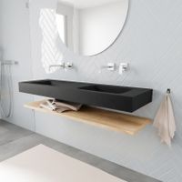 Mondiaz Alan badmeubel 150 cm planchet washed oak vrijhangend wastafel dubbel zonder kraangat zwart
