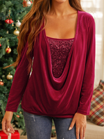 Square Neck Casual Plain Glitter Top