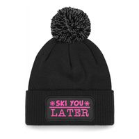 Wintersport muts met pompom - Ski You Later - zwart - glitters - one size - volwassenen - Apres ski - thumbnail