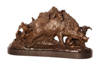 A BRONZE GROUP OF HOUNDS ATTACKING A WILD BOAR