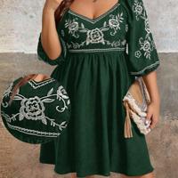 Plus Size Black Rose Floral Embroidery Boho Vacation Dress Dark Green / 3XL