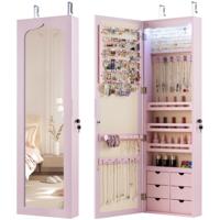 Sieradenkast met LED Afsluitbare Wand-/Deursieradenkast met Spiegel & 6 Lades Roze