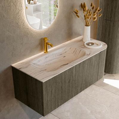 Badmeubel Mondiaz Kurve-Dlux | 115 cm | Meubelkleur Shadow | Wastafelkleur Nata | Solid surface | Wasbak linker zijde spoelbak | 1 kraangat