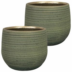 Ter Steege Steege Plantenpot - 2x stuks - keramiek - donkergroen - stripes - D22xH20 cm