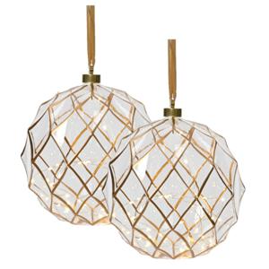 Verlichte kerstballen - 2x st- glas - aan lint - D20 cm - goud - 40 led lampjes - warm wit