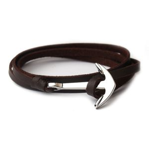 Zilverkleurige anker armband bruin leren koord