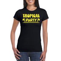 Tropical party T-shirt voor dames - met glitters - zwart/geel - carnaval/themafeest - thumbnail